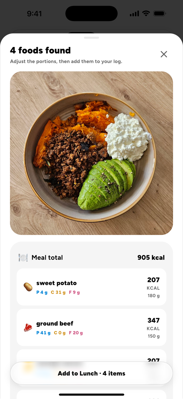 A photo scan in Kaunto: the photographed bowl, then the four foods found in it, each with its calories, grams and macros, and a button to add all four items to lunch.