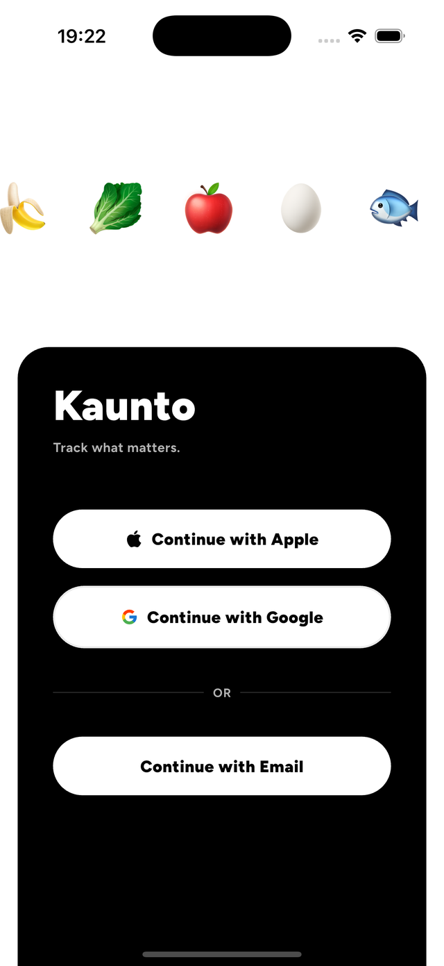 The Kaunto sign-in screen: the wordmark, the tagline “Track what matters.”, and buttons to continue with Apple, Google or email.